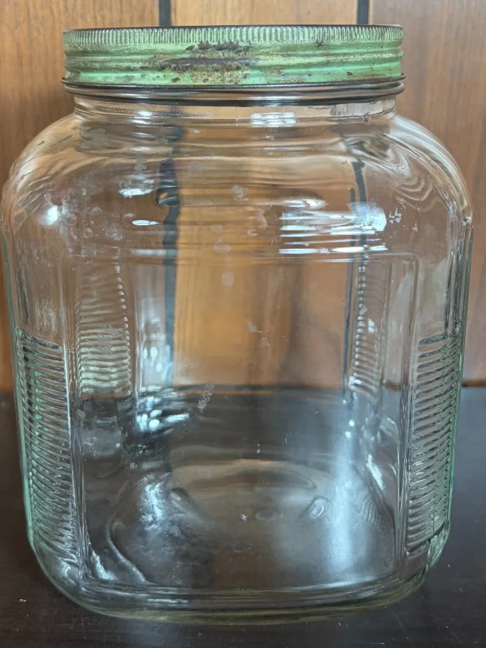 Vtg Square Glass Storage Jar Hoosier Cabinet Canister Ribbed Corners Metal Lid